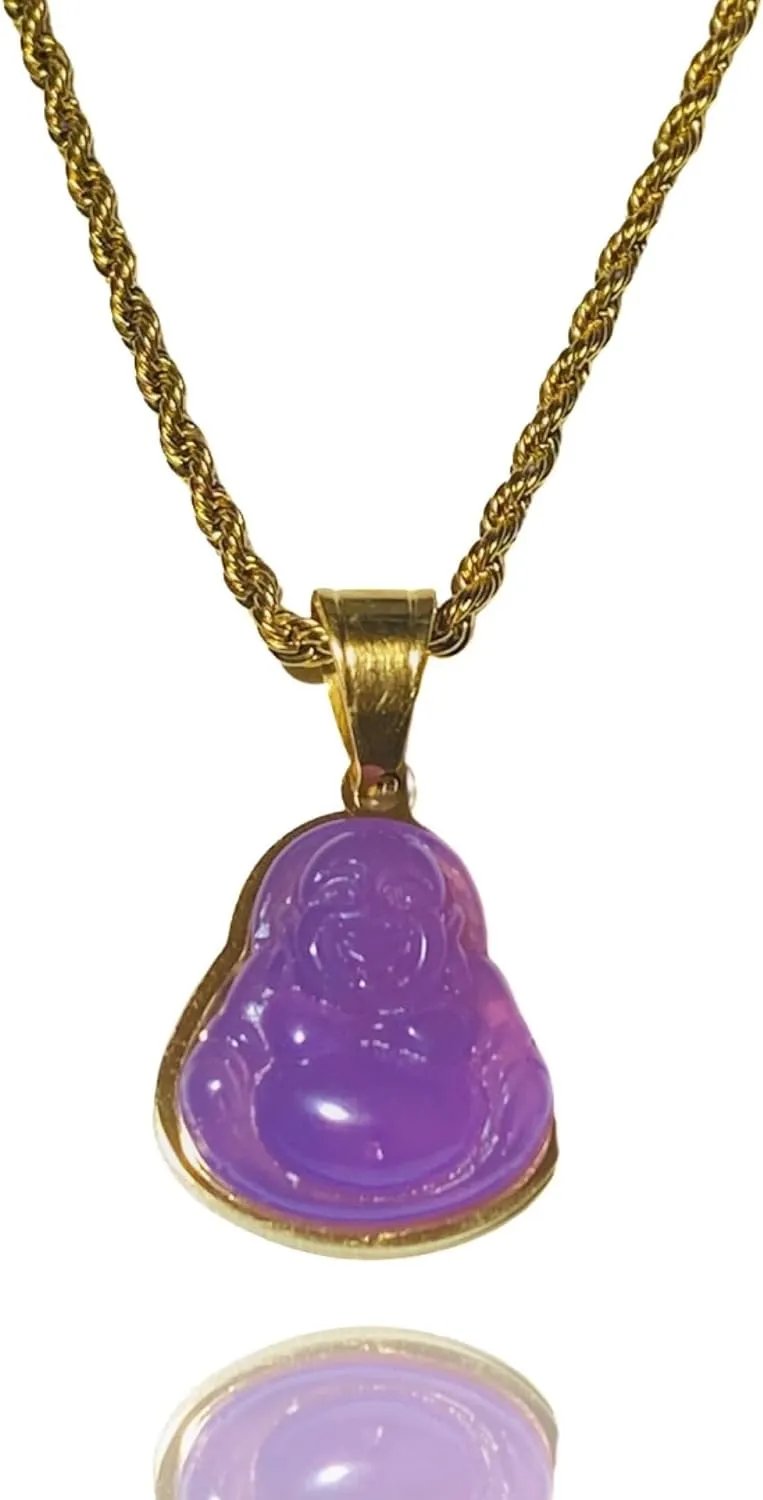 Men's Women Laughing Buddha Purple Jade Tiny Pendant Necklace Rope Chain Genuine Certified Grade A Jadeite Jade Hand Crafted, Jade Necklace, 14k Gold Finish Laughing Jade Buddha Necklace, Jade Medallion, Buddha Chain, Buddha Statue Necklace