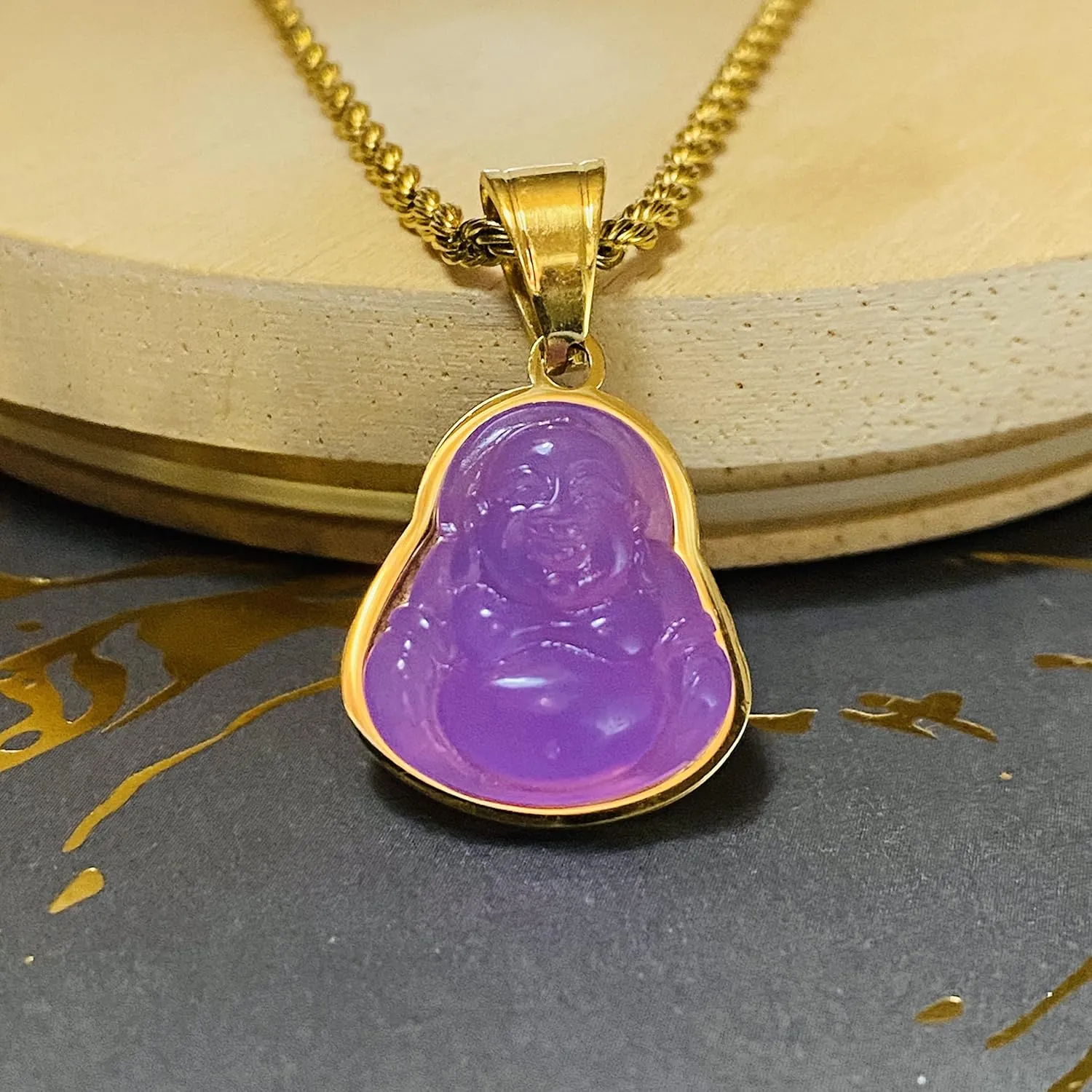 Men's Women Laughing Buddha Purple Jade Tiny Pendant Necklace Rope Chain Genuine Certified Grade A Jadeite Jade Hand Crafted, Jade Necklace, 14k Gold Finish Laughing Jade Buddha Necklace, Jade Medallion, Buddha Chain, Buddha Statue Necklace