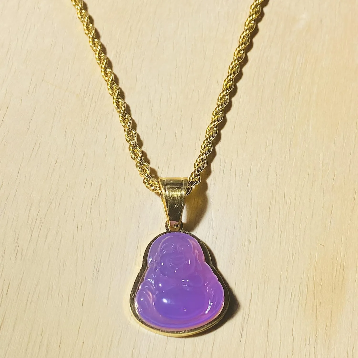 Men's Women Laughing Buddha Purple Jade Tiny Pendant Necklace Rope Chain Genuine Certified Grade A Jadeite Jade Hand Crafted, Jade Necklace, 14k Gold Finish Laughing Jade Buddha Necklace, Jade Medallion, Buddha Chain, Buddha Statue Necklace
