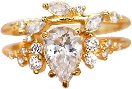 Metmejiao Moissanite Rings 2PCS Engagement Rings Set 14K Gold Plated Wedding Band Set for Women Thin Stacking Rings Set Cubic Zirconia Eternity Engagement Rings Set 6
