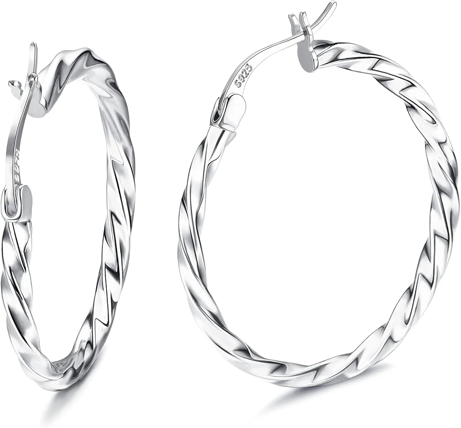 Milacolato 925 Sterling Silver Hoop Earrings for Women 18K White Gold Plated Twisted Hoop Earrings Hypoallergenic Lightweight Click-Top Big Hoop Earrings 13/15/20/25/30/40/50/60mm