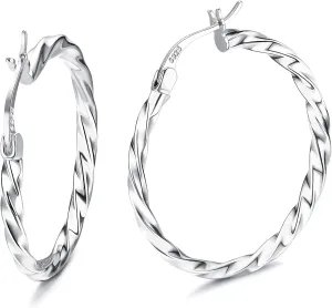 Milacolato 925 Sterling Silver Hoop Earrings for Women 18K White Gold Plated Twisted Hoop Earrings Hypoallergenic Lightweight Click-Top Big Hoop Earrings 13/15/20/25/30/40/50/60mm