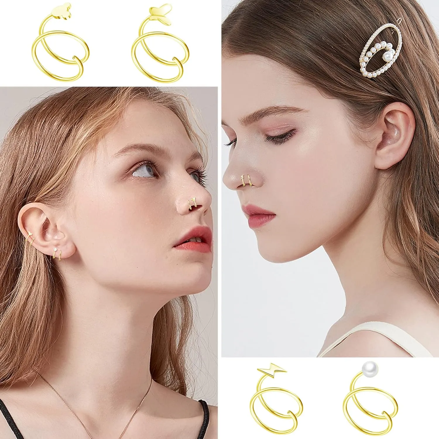 MJust 12Pcs Double Hoop Earrings for Single Piercing for Women Stainless Steel Twisted Hoop Earrings Star Peal CZ Butterfly Double Hoop Nose Ring