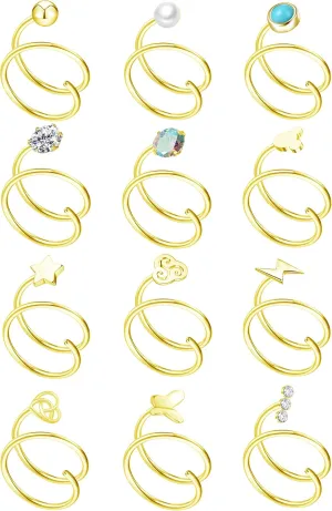 MJust 12Pcs Double Hoop Earrings for Single Piercing for Women Stainless Steel Twisted Hoop Earrings Star Peal CZ Butterfly Double Hoop Nose Ring