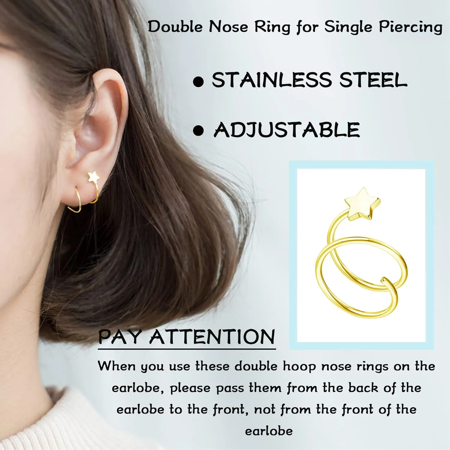 MJust 12Pcs Double Hoop Earrings for Single Piercing for Women Stainless Steel Twisted Hoop Earrings Star Peal CZ Butterfly Double Hoop Nose Ring