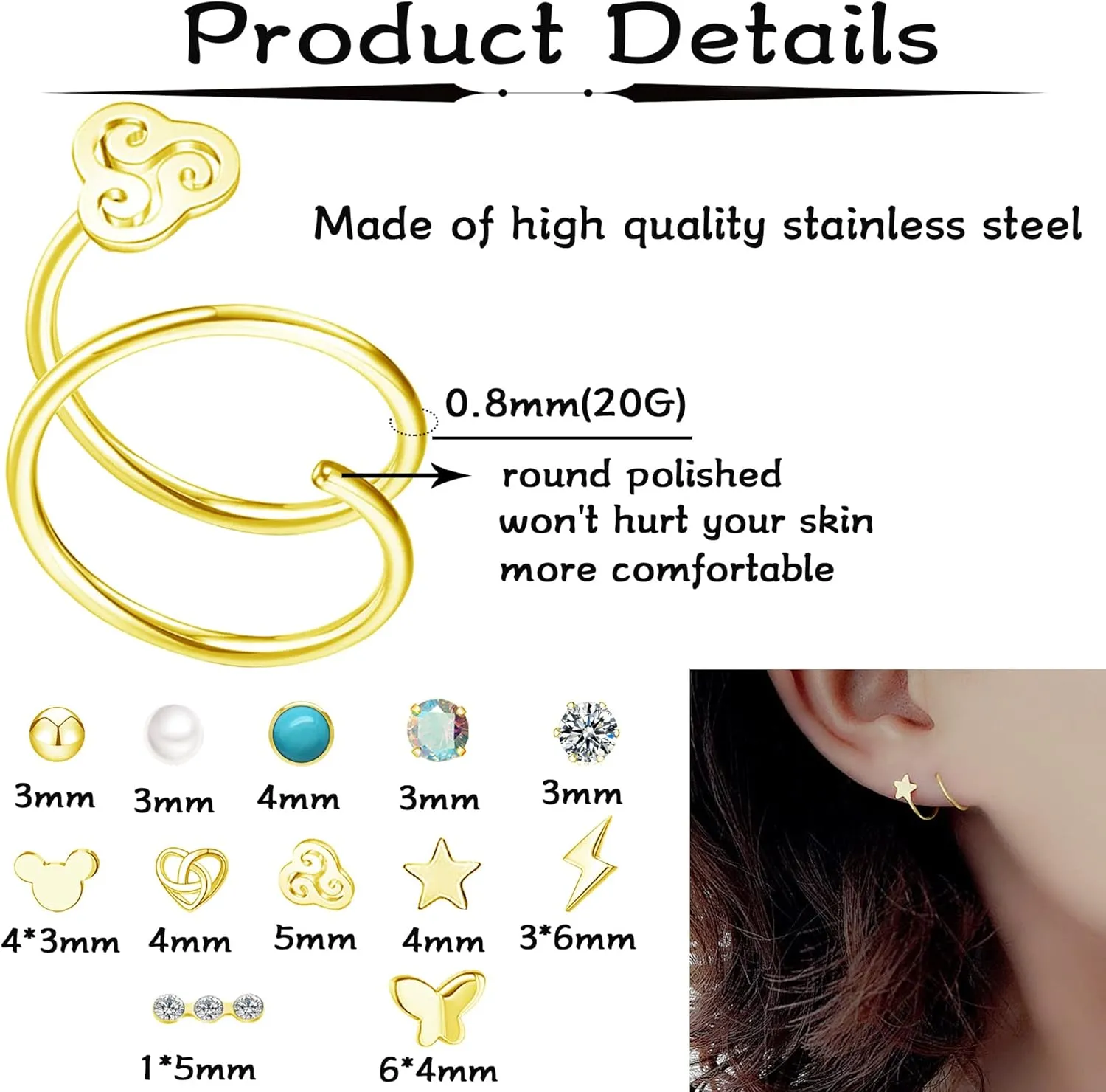 MJust 12Pcs Double Hoop Earrings for Single Piercing for Women Stainless Steel Twisted Hoop Earrings Star Peal CZ Butterfly Double Hoop Nose Ring