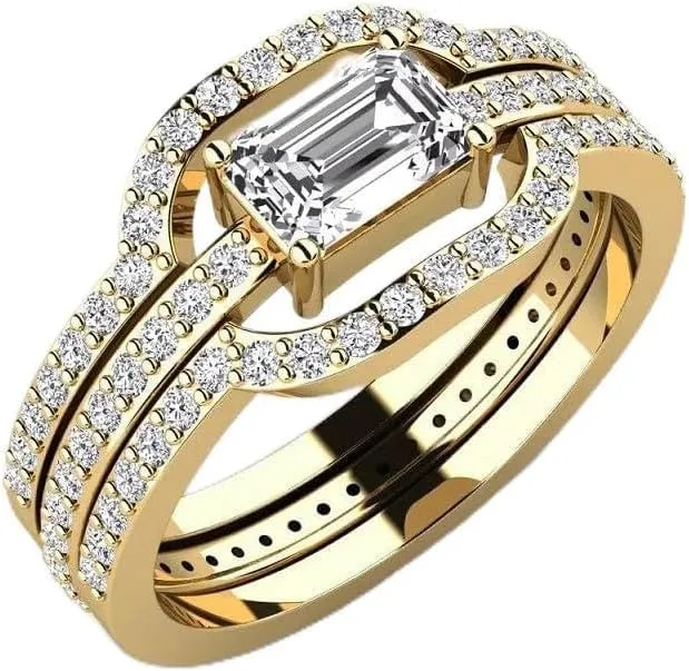 Moissanite Emerald Wedding Ring Set | Moissanite Ring | Lab Grown 1 Carat Diamond & 18K Gold and Silver Plated Rings| S925 Sterling Silver | Moissanite Jewelry | Gold Rings for Women