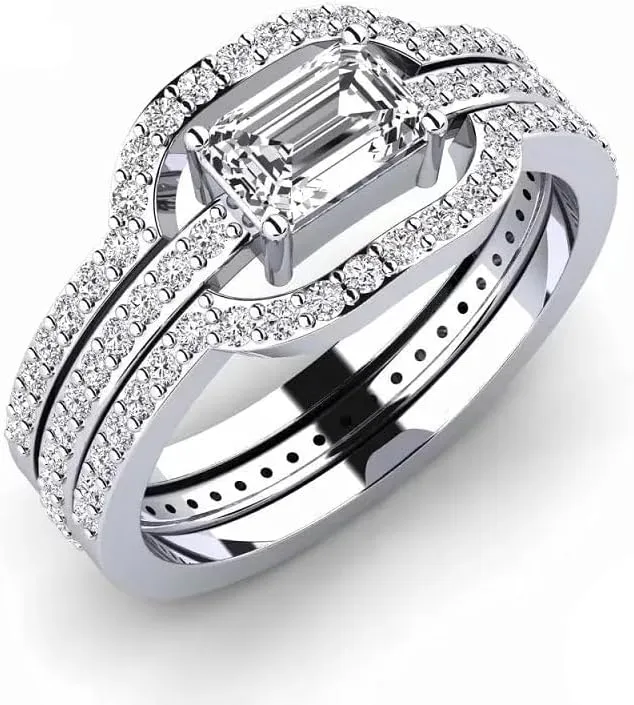 Moissanite Emerald Wedding Ring Set | Moissanite Ring | Lab Grown 1 Carat Diamond & 18K Gold and Silver Plated Rings| S925 Sterling Silver | Moissanite Jewelry | Gold Rings for Women