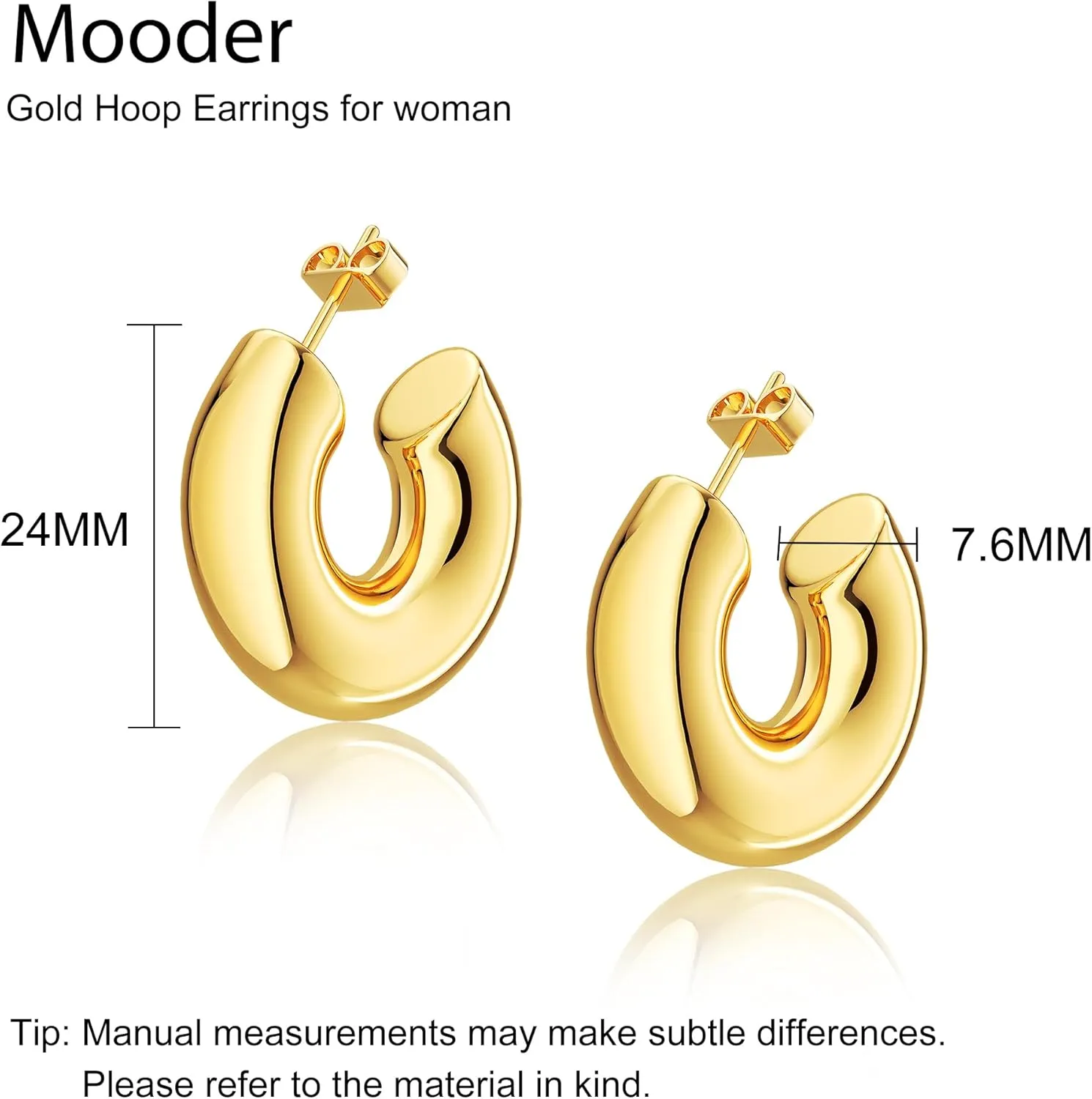 Moodear Trendy Chunky Hoop Earrings for Women - Dainty 14K Gold Plated Thinck Open Hoops Hypoallergenic Lightweight Earring Jewelry Gift
