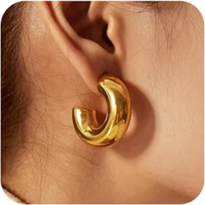 Moodear Trendy Chunky Hoop Earrings for Women - Dainty 14K Gold Plated Thinck Open Hoops Hypoallergenic Lightweight Earring Jewelry Gift