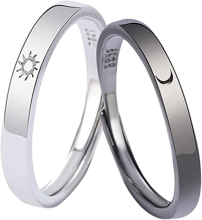 Moon and Sun Couple Rings for Him and Her Sets Electroplated White Steel Moon for Women Sun for Men Promise Rings