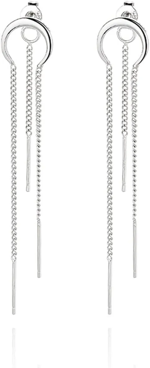 Moon Crescent Arc Chain Earrings for Women Long Tassel Ear Line Rear Hanging Two Wear Silver Color Ear Party Jewelry