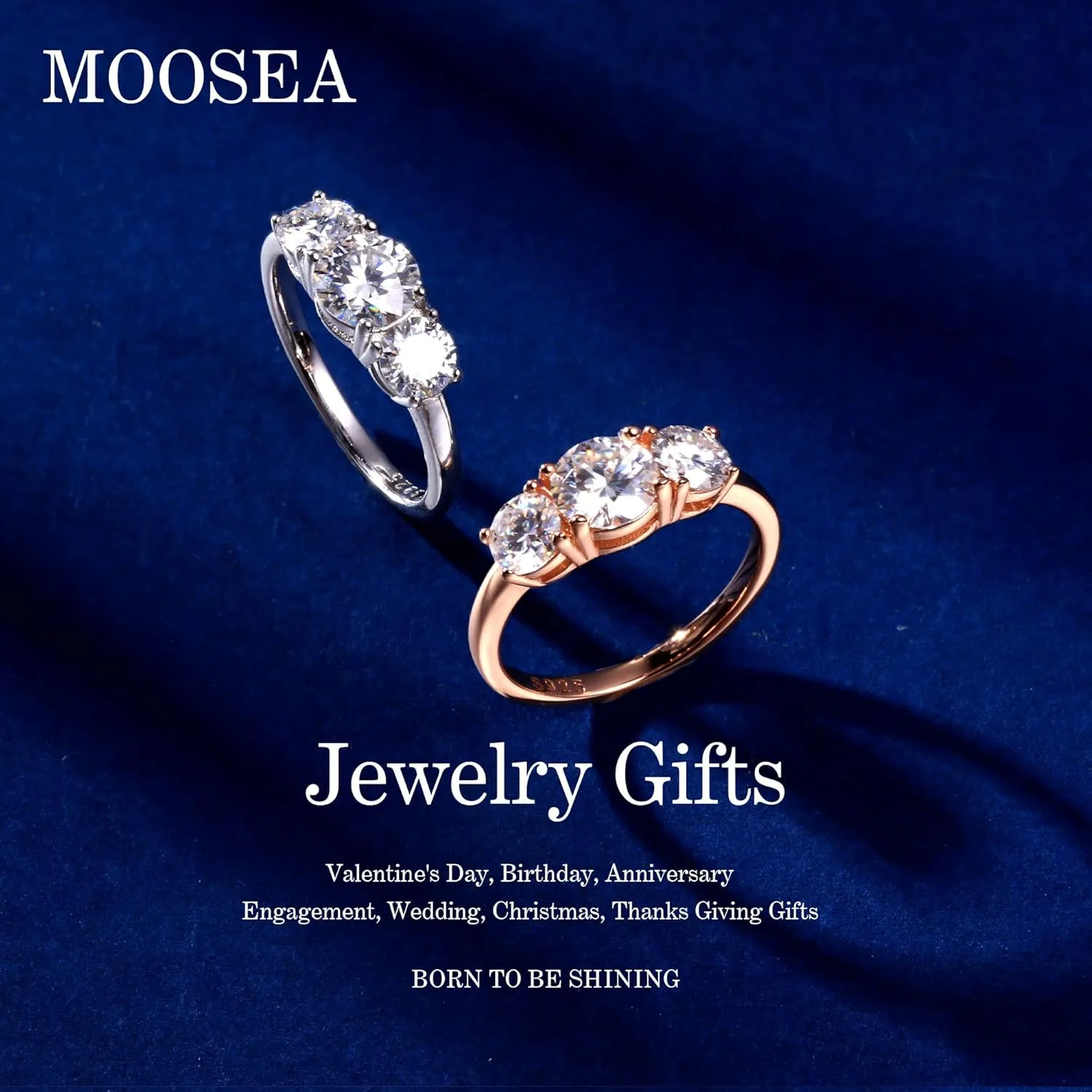 MOOSEA 3 Stone Moissanite Engagement Rings for Women, 2CT D Color VVS1 Clarity Round Cut Lab Created Diamond Rings 14K Rose White Gold Vermeil Moissanite Rings for Women Anniversary Rings