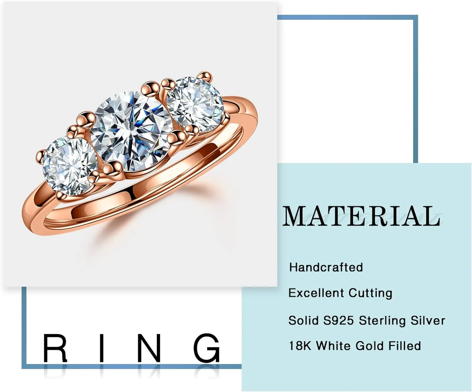MOOSEA 3 Stone Moissanite Engagement Rings for Women, 2CT D Color VVS1 Clarity Round Cut Lab Created Diamond Rings 14K Rose White Gold Vermeil Moissanite Rings for Women Anniversary Rings