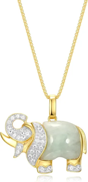 MORGAN & PAIGE .925 Sterling Silver 18K Gold Plated Genuine Jade Necklaces for Women - Elephant and White Sapphire or Turtle with 1/10 cttw Diamond Pendant, Gold Necklace for Women Jewelry 18 inch