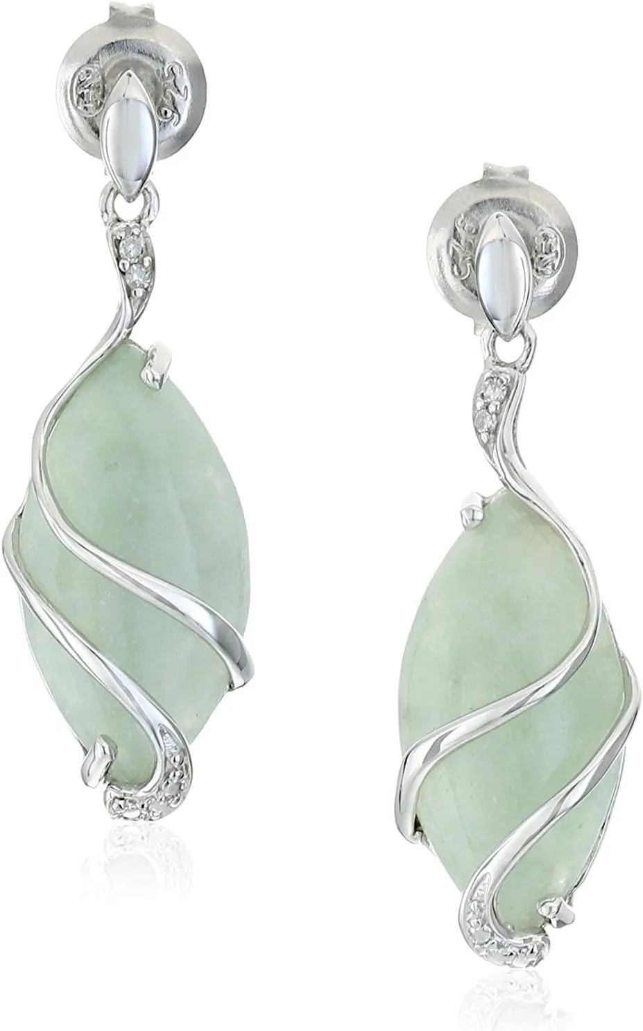 MORGAN & PAIGE .925 Sterling Silver Rhodium Plated Genuine Green Jade Necklace or Jade Earrings for Women - Wire-Wrapped Marquise Cut with Diamond Accents, Hypoallergenic Silver Jewelry Elegant Gifts