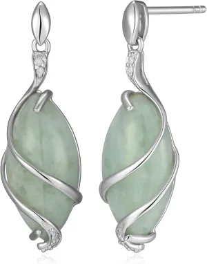 MORGAN & PAIGE .925 Sterling Silver Rhodium Plated Genuine Green Jade Necklace or Jade Earrings for Women - Wire-Wrapped Marquise Cut with Diamond Accents, Hypoallergenic Silver Jewelry Elegant Gifts