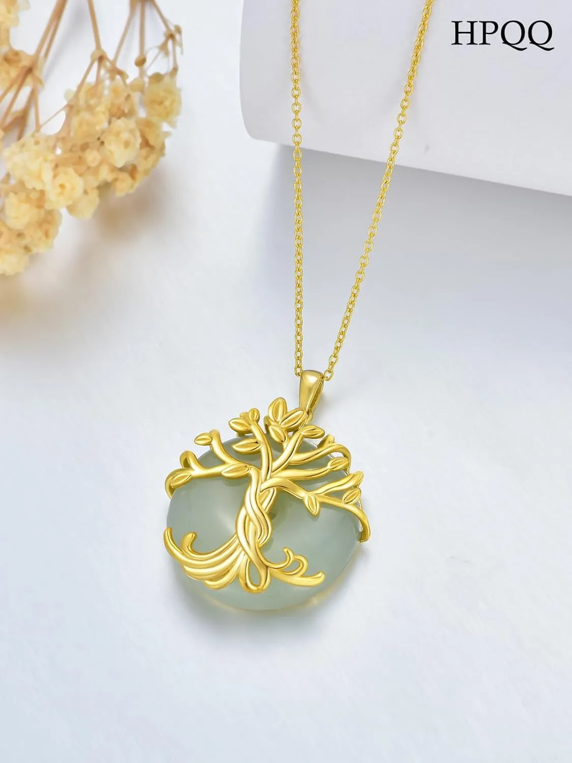 Mother's Day Gifts for Women Tree of Life Necklace 14k Gold Plated Sterling Silver Round Jade Jewelry for Women Mom Mother Sister Birthday Christmas Gifts