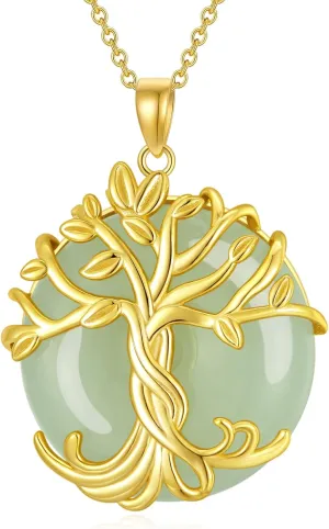 Mother's Day Gifts for Women Tree of Life Necklace 14k Gold Plated Sterling Silver Round Jade Jewelry for Women Mom Mother Sister Birthday Christmas Gifts