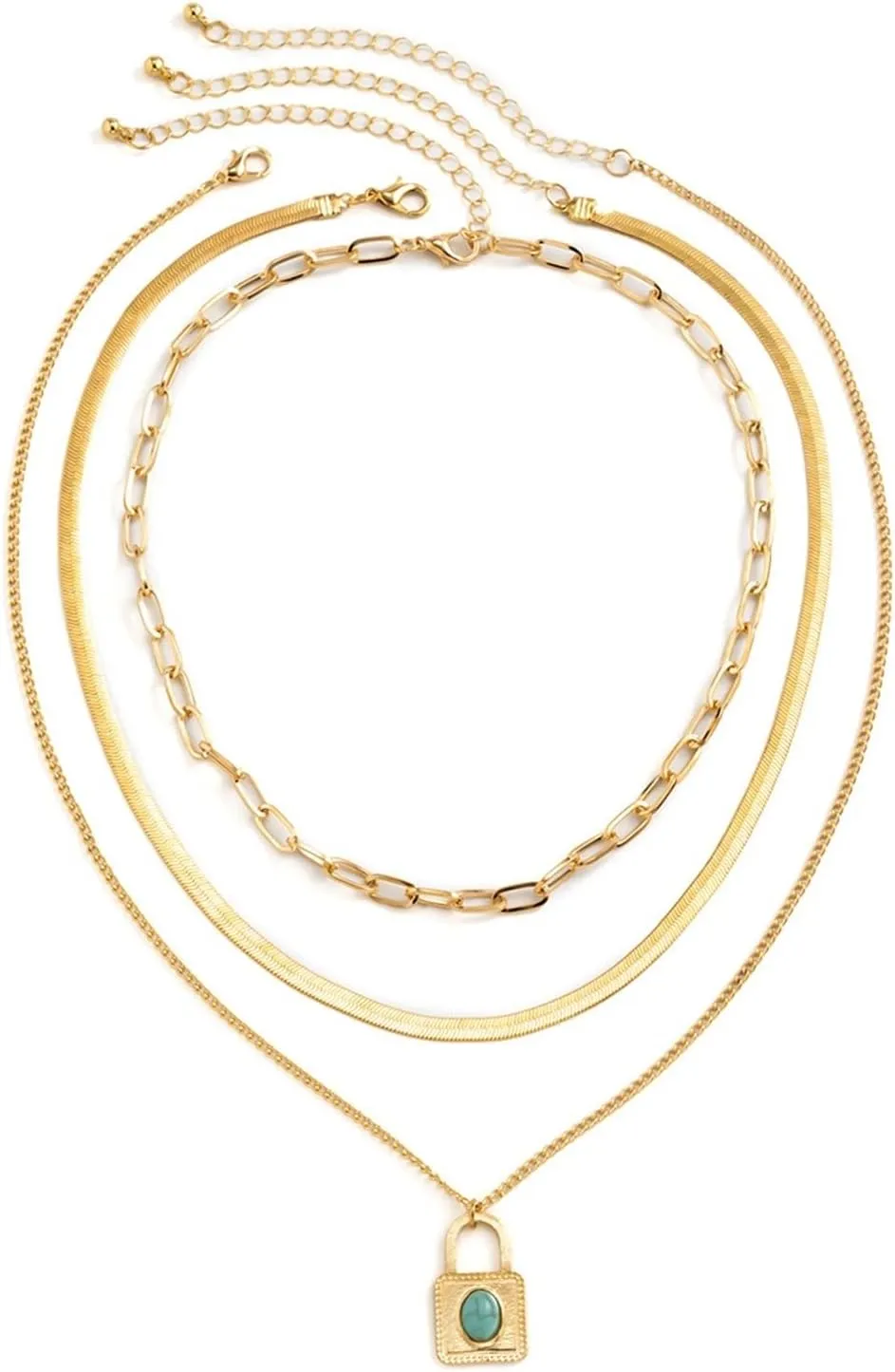 Multilayer Necklace Gold, Dainty Layered Necklaces for Women Imitation Turquoise Lock Pendant Chain Necklaces Jewelry Birthday Gift for Her, 3 Pieces, Gold