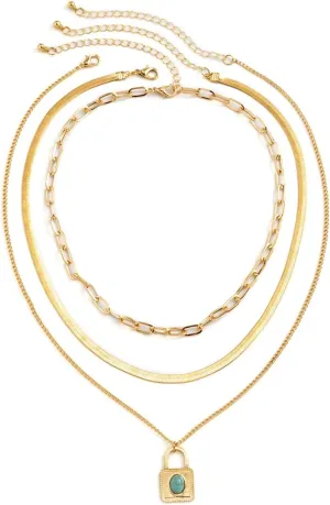 Multilayer Necklace Gold, Dainty Layered Necklaces for Women Imitation Turquoise Lock Pendant Chain Necklaces Jewelry Birthday Gift for Her, 3 Pieces, Gold