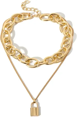Multilayer Necklace Gold, Layered Necklaces for Women Lock Heart Pendant Chain Necklaces Jewelry for Women and Girl, 2 Layers, Gold