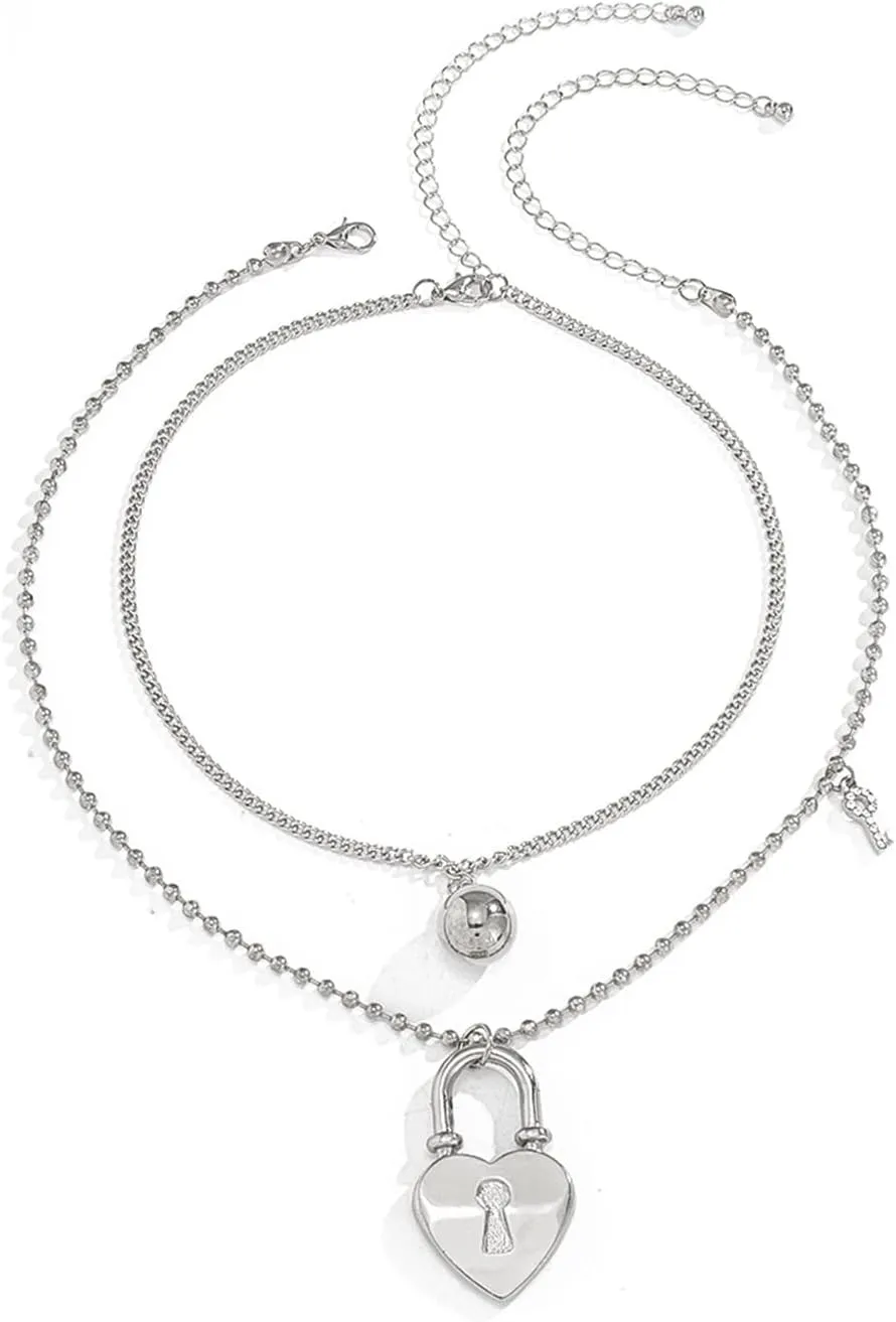 Multilayer Necklace Silver, Dainty Layered Necklaces for Women Ball Heart Lock Keychain Pendant Chain Necklaces Jewelry Gifts, 2 Pieces, Silver