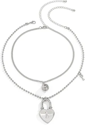Multilayer Necklace Silver, Dainty Layered Necklaces for Women Ball Heart Lock Keychain Pendant Chain Necklaces Jewelry Gifts, 2 Pieces, Silver