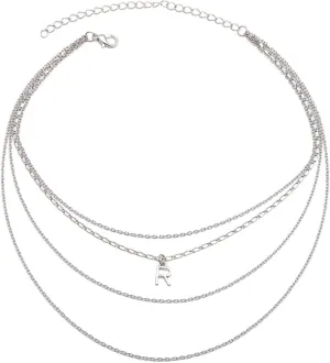 Multilayer Necklace Silver, Layered Necklaces for Women Letter R Pendant Chain Necklaces Jewelry Birthday Gift for Her, 4 Layers, Silver, 40CM