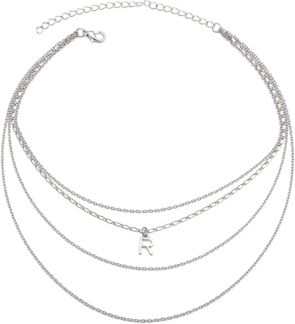 Multilayer Necklace Silver, Layered Necklaces for Women Letter R Pendant Chain Necklaces Jewelry Birthday Gift for Her, 4 Layers, Silver, 40CM