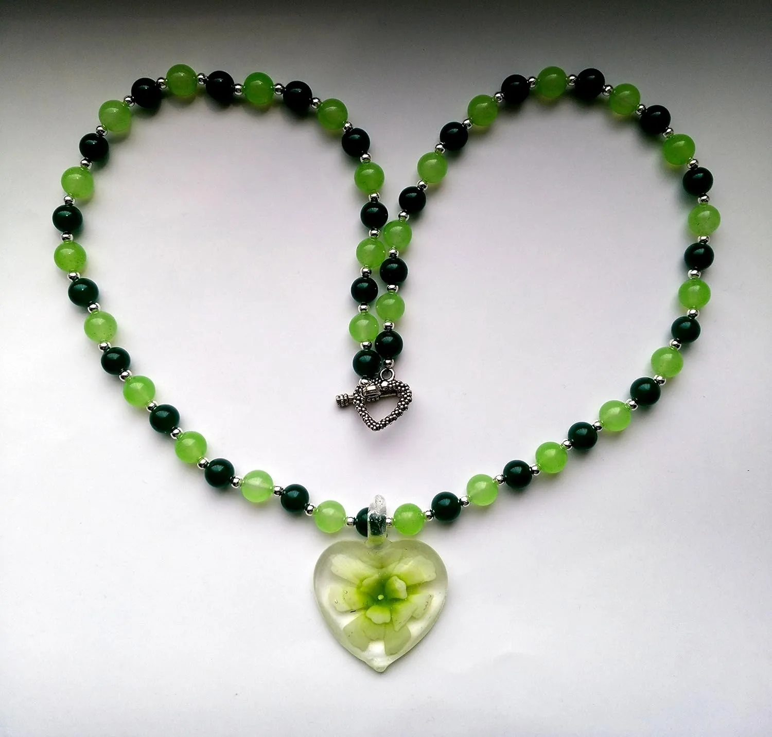 Murano Style Green Flower under Glass Petal Pendant Gemstone Necklace