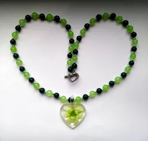 Murano Style Green Flower under Glass Petal Pendant Gemstone Necklace