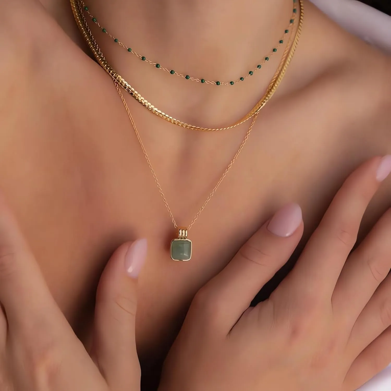 Natural Green Aventurine Stone Pendant Necklace for Women Dainty 18K Plated Gold Chain Choker Necklace,Layered Necklace,Jewelry Set Non Tarnish