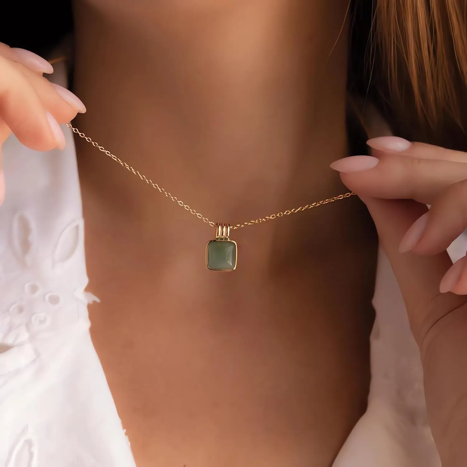 Natural Green Aventurine Stone Pendant Necklace for Women Dainty 18K Plated Gold Chain Choker Necklace,Layered Necklace,Jewelry Set Non Tarnish