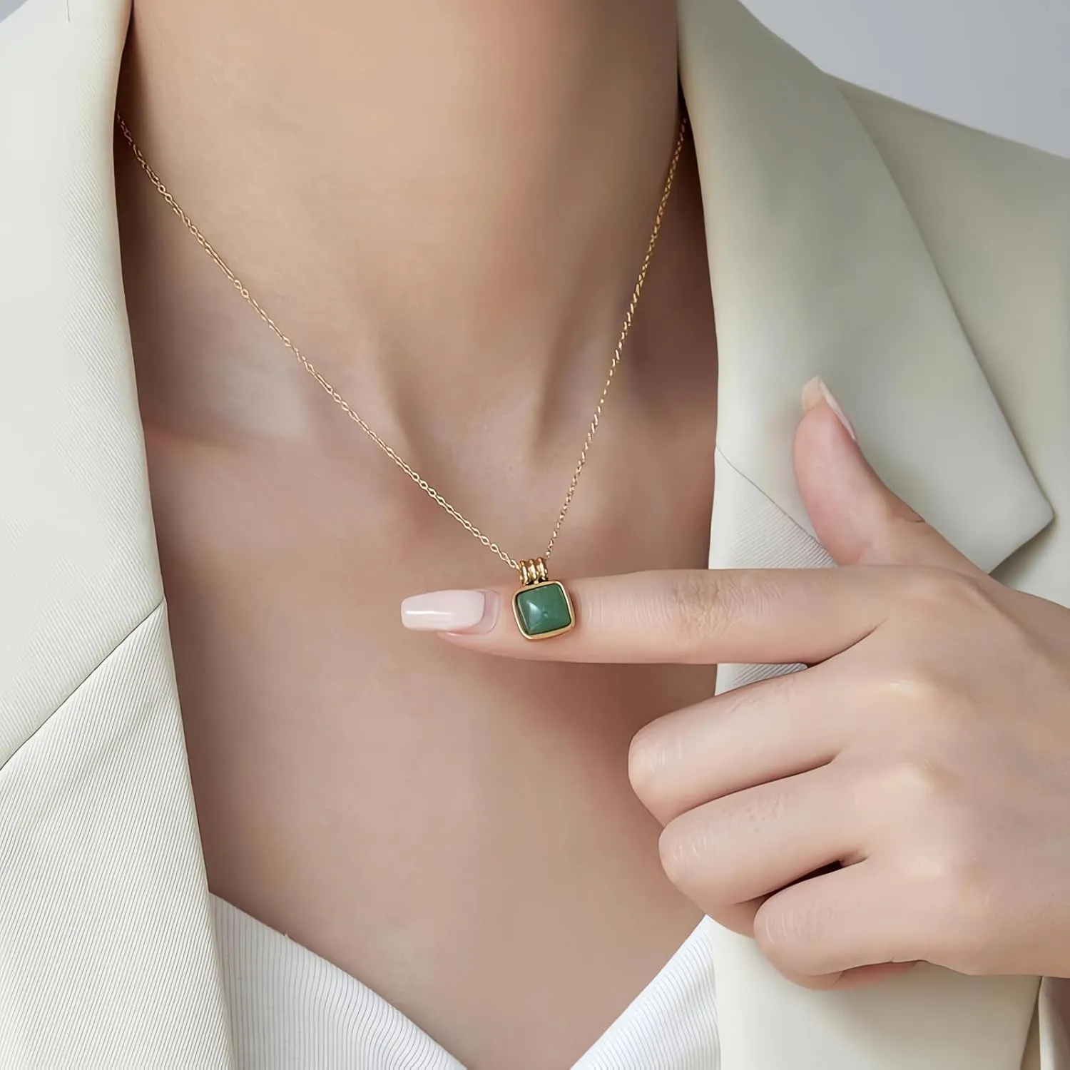 Natural Green Aventurine Stone Pendant Necklace for Women Dainty 18K Plated Gold Chain Choker Necklace,Layered Necklace,Jewelry Set Non Tarnish