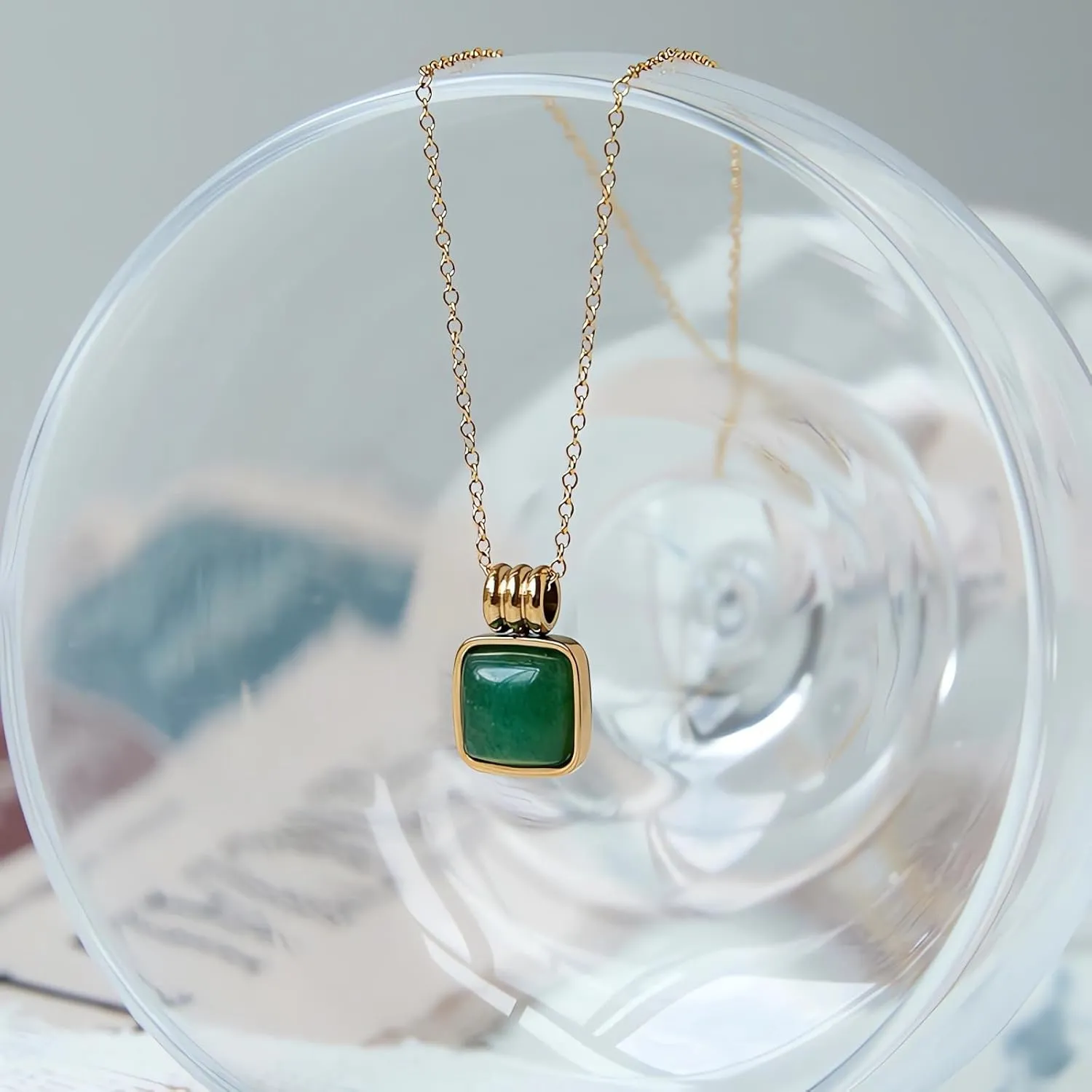 Natural Green Aventurine Stone Pendant Necklace for Women Dainty 18K Plated Gold Chain Choker Necklace,Layered Necklace,Jewelry Set Non Tarnish