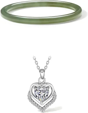 Natural Green Jade Bangle Healing Gemstone Bracelet Diameter 54mm(Circumference 17cm/6.7") with Sterling Silver Double Heart Pendant Necklace 16.1-18.1"(41 5cm) Jewelry Set