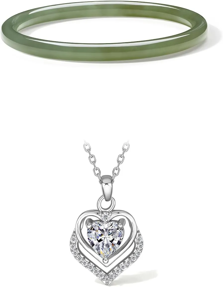 Natural Green Jade Bangle Healing Gemstone Bracelet Diameter 54mm(Circumference 17cm/6.7") with Sterling Silver Double Heart Pendant Necklace 16.1-18.1"(41 5cm) Jewelry Set