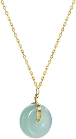 Natural Green Jade Donut Necklace for Women, Green Healing Gemstone Pendant Choker, Gold Plated Circle Pendant with Good Luck, Gift for Women, Mom, Length adjustable, 18''