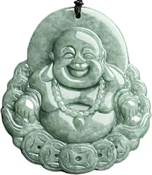 Natural Jade Pendant Necklace Laughing Happy Buddha with Ingots Coins Lucky Certified Untreated Grade A Burmese Jadeite Hand Carved Amulet for Men and Women String 25.59 in