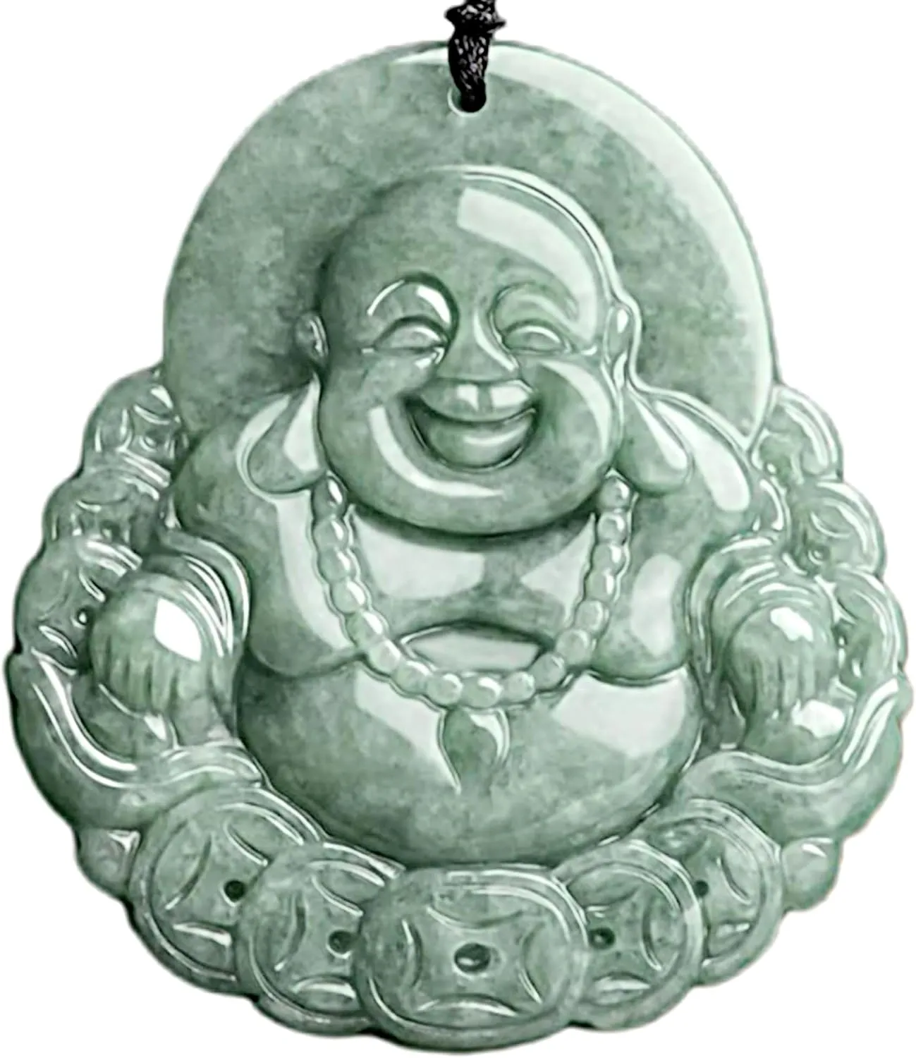 Natural Jade Pendant Necklace Laughing Happy Buddha with Ingots Coins Lucky Certified Untreated Grade A Burmese Jadeite Hand Carved Amulet for Men and Women String 25.59 in