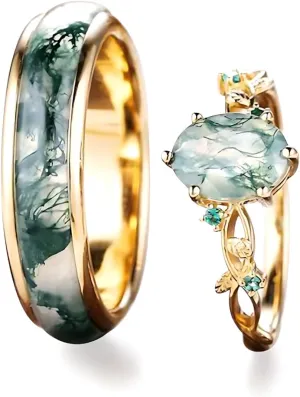 Natural Moss Agate Wedding Rings for Couple, S925 10K 14K 18K Gold Couple Rings Customized Green 2pcs Promise Bands Sets for Him and Her Bride for Anniversary Engagement Wedding