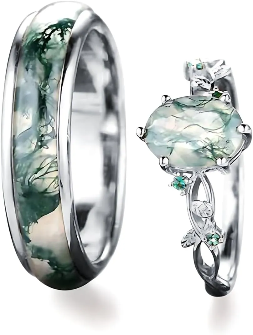 Natural Moss Agate Wedding Rings for Couple, S925 10K 14K 18K Gold Couple Rings Customized Green 2pcs Promise Bands Sets for Him and Her Bride for Anniversary Engagement Wedding