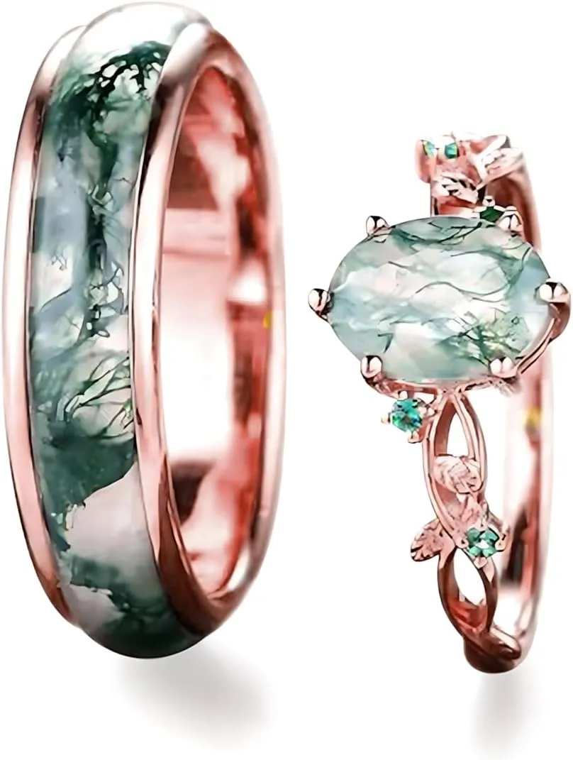 Natural Moss Agate Wedding Rings for Couple, S925 10K 14K 18K Gold Couple Rings Customized Green 2pcs Promise Bands Sets for Him and Her Bride for Anniversary Engagement Wedding