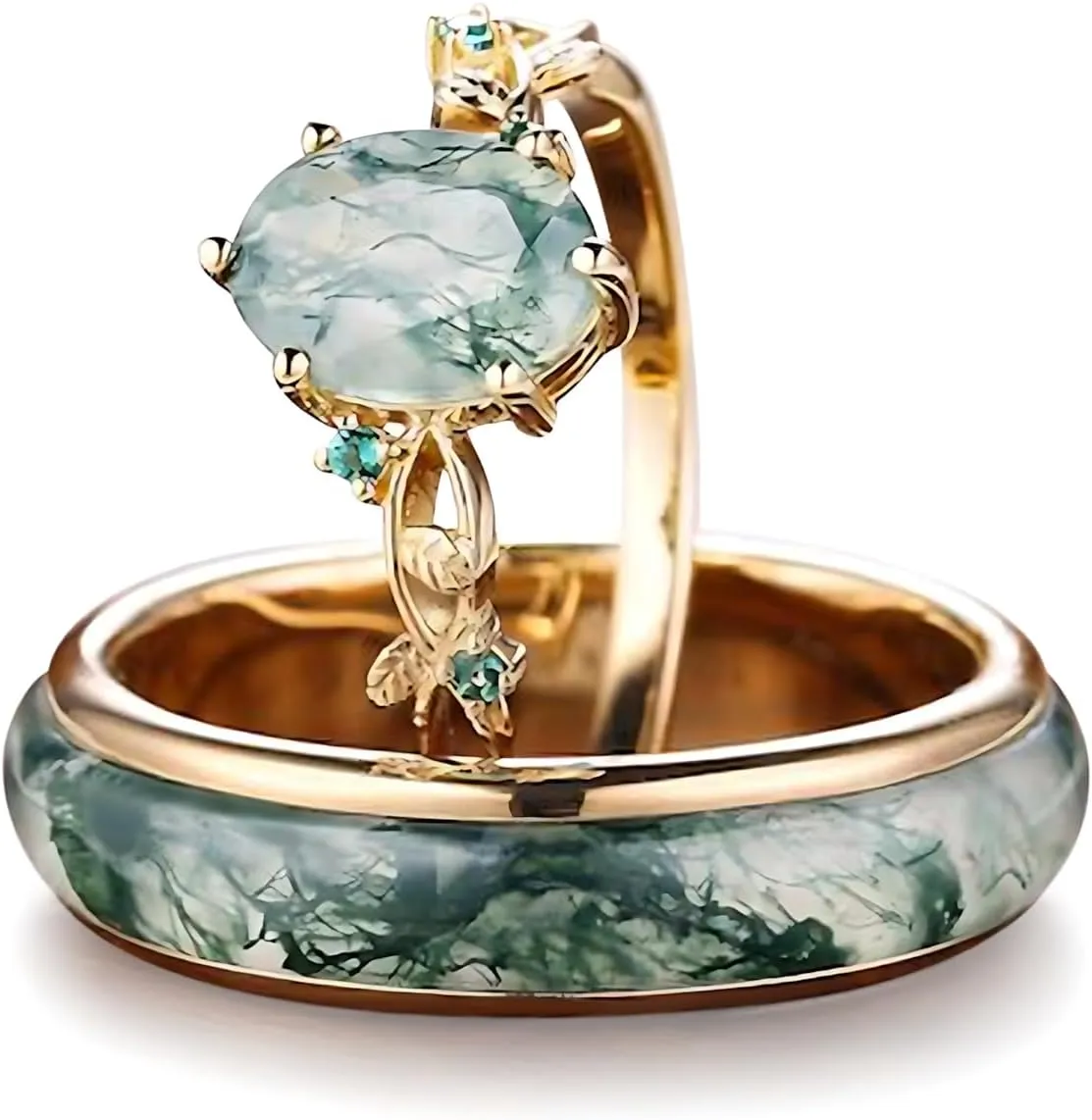 Natural Moss Agate Wedding Rings for Couple, S925 10K 14K 18K Gold Couple Rings Customized Green 2pcs Promise Bands Sets for Him and Her Bride for Anniversary Engagement Wedding