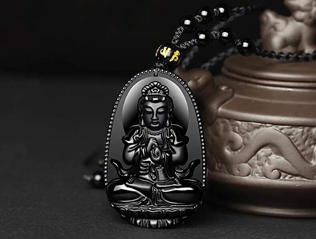 Natural Obsidian Necklace Lucky Amulet Protection Pendant with Dragon phoenix wolf's head Buddha Guanyin Kwan Yin A Certified Obsidian Women's Necklaces Men's Necklaces