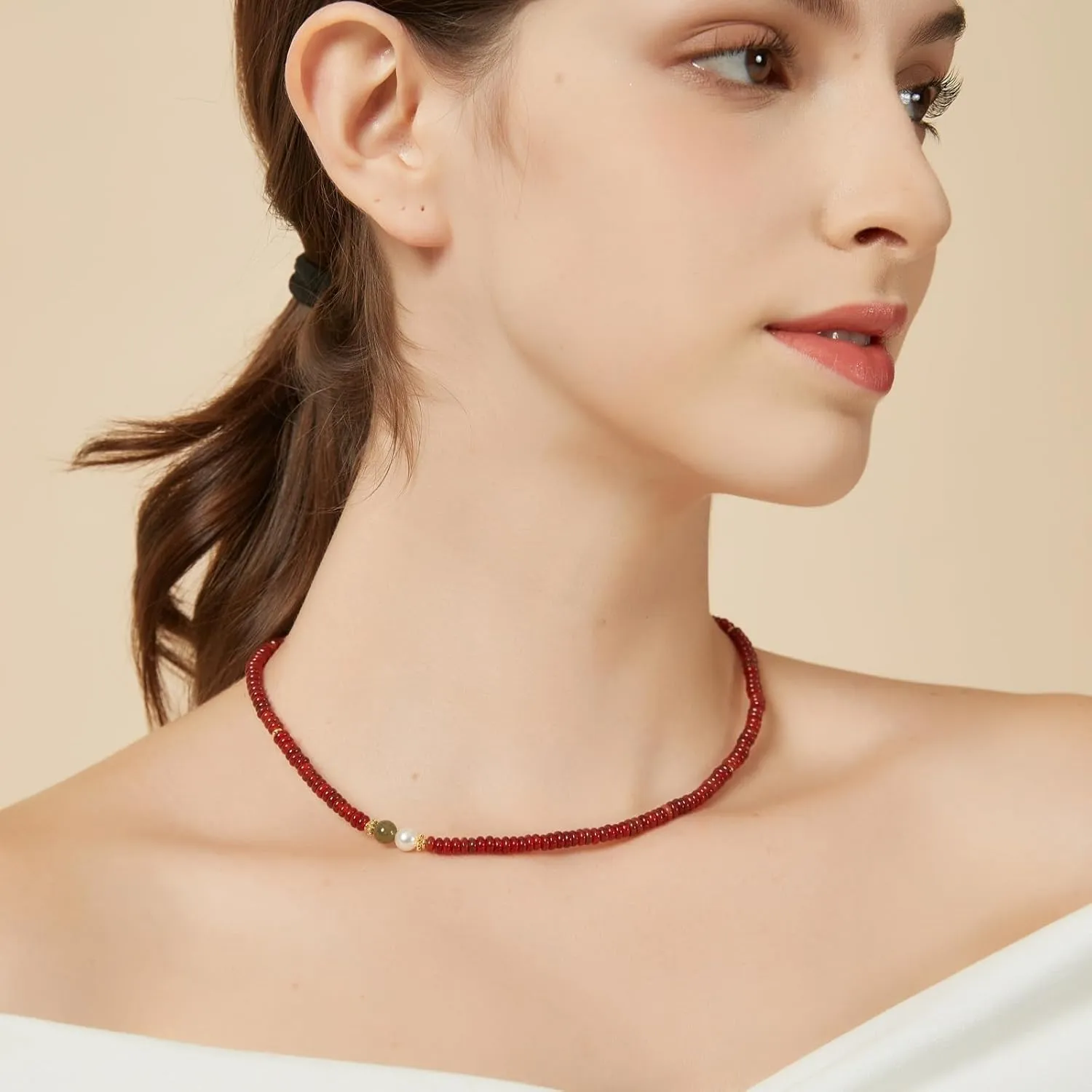Natural Red Agate Carnelian Necklace for Women Girl, Asymmetric Design Handmade Dainty Red Agate Choker Beaded Necklace with Natural Hetian Jade & Crystals Pearl (Adjustable Size 15.7 2'')