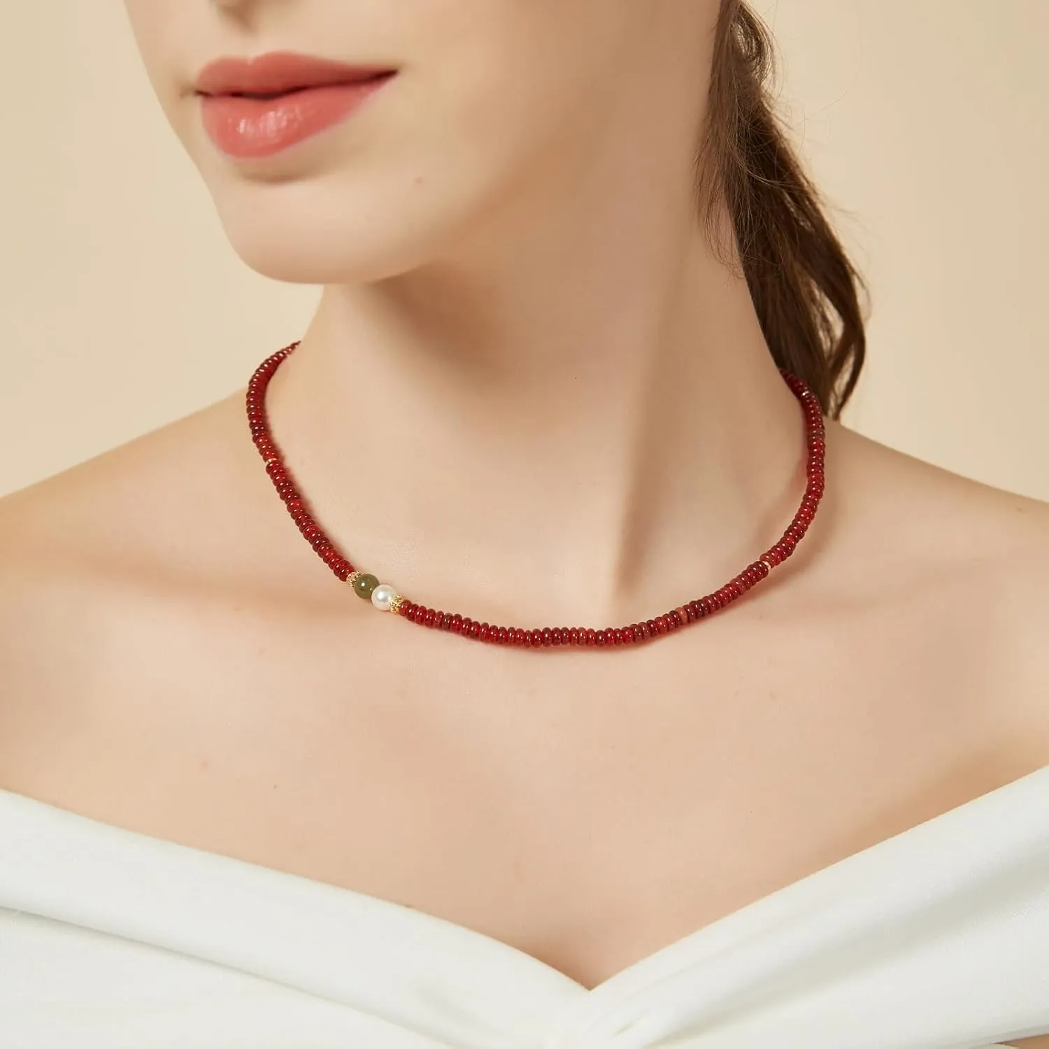 Natural Red Agate Carnelian Necklace for Women Girl, Asymmetric Design Handmade Dainty Red Agate Choker Beaded Necklace with Natural Hetian Jade & Crystals Pearl (Adjustable Size 15.7 2'')