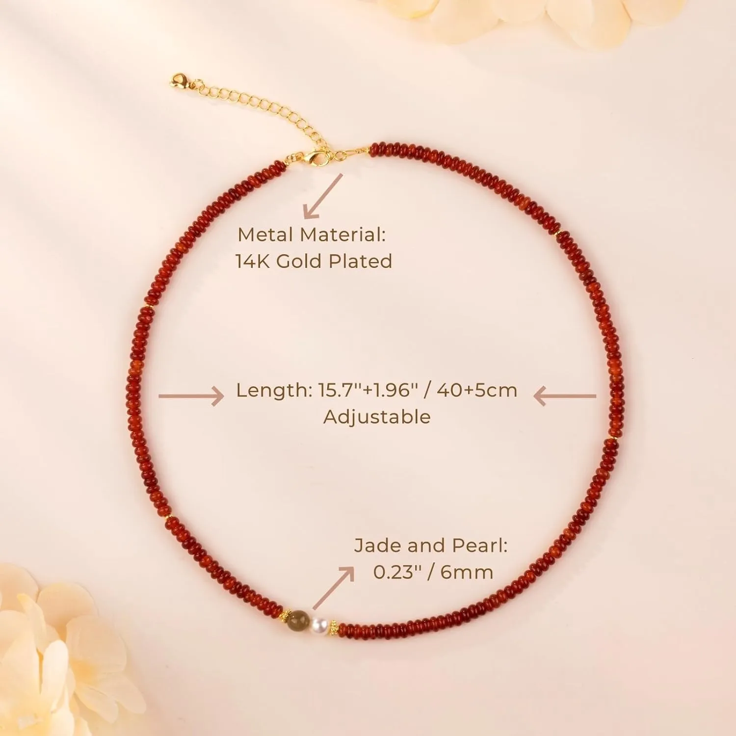 Natural Red Agate Carnelian Necklace for Women Girl, Asymmetric Design Handmade Dainty Red Agate Choker Beaded Necklace with Natural Hetian Jade & Crystals Pearl (Adjustable Size 15.7 2'')