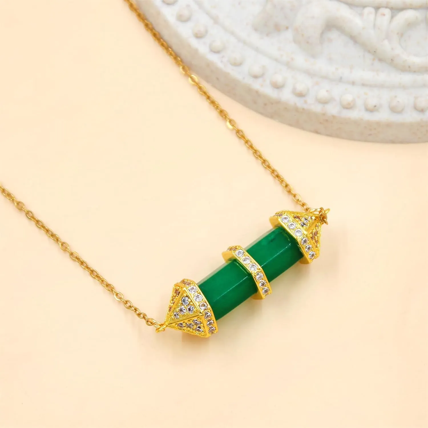 Natural Stone Crystal Fashion Necklace | Hexagonal Healing Gemstone CZ Bullet Cubic Zirconia Pendant for Women | Healing Energy Reiki Jewelry with 18" 2" Extended Chain - YA4825
